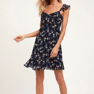 Lulus Voila Navy Blue Floral Print Ruffle Dress